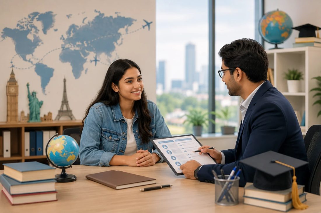 A university admission expert consulting with a student about study abroad options