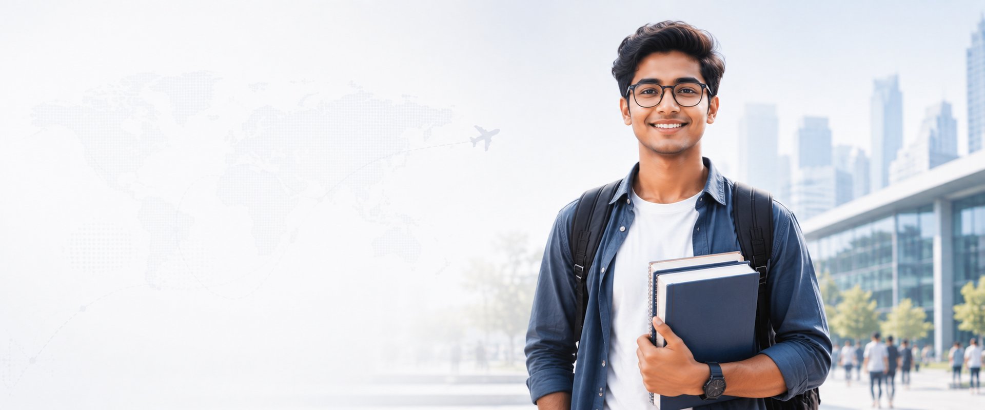 A student ready to study abroad, with a university campus in the background